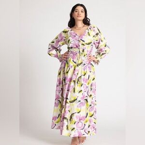 Eloquii Printed V Neck Floral Cotton Maxi Dress Puff Sleeve (Plus Size 16)‎
